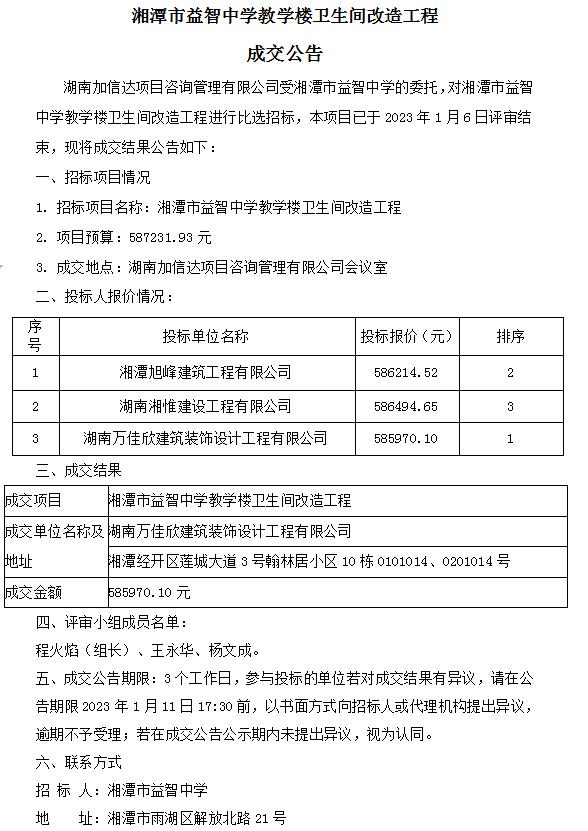 湘潭市益智中学教学楼卫生间改造工程 成交公告